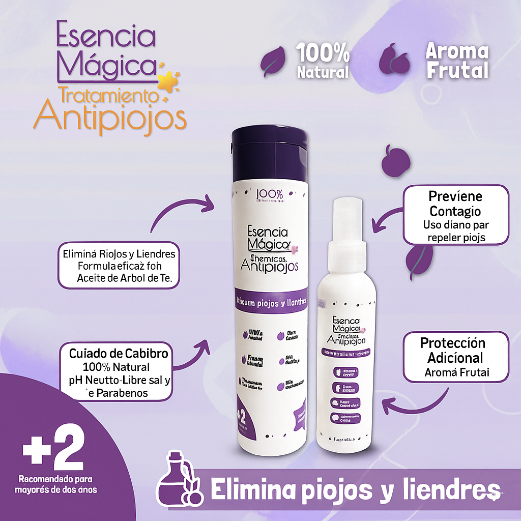 Esencia Mágica Shampoo + Spray Anti Piojos - Cabello protegido, limpio y libre de intrusos 🎁TRATAMINETO COMPLETO CON 28% DCTO